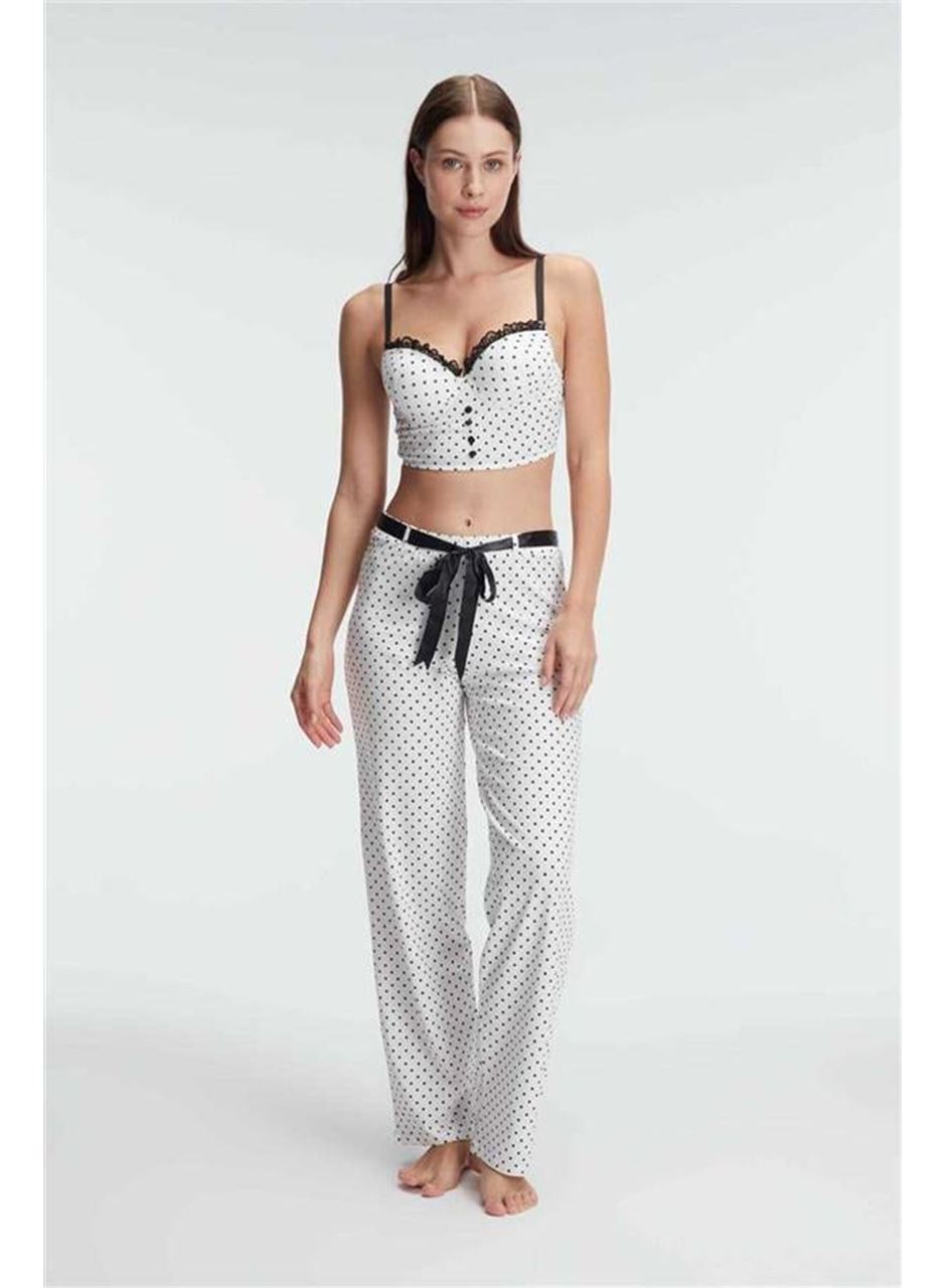 Fantezi Bralet Sütyen Pamuklu Puantiye Desenli Desteksiz Dantel Detaylı Pijama Takımı