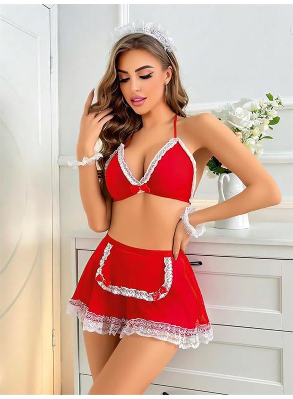 Kırmızı Beyaz Dantel İşlemeli Fantezi Hizmetçi Kostümü