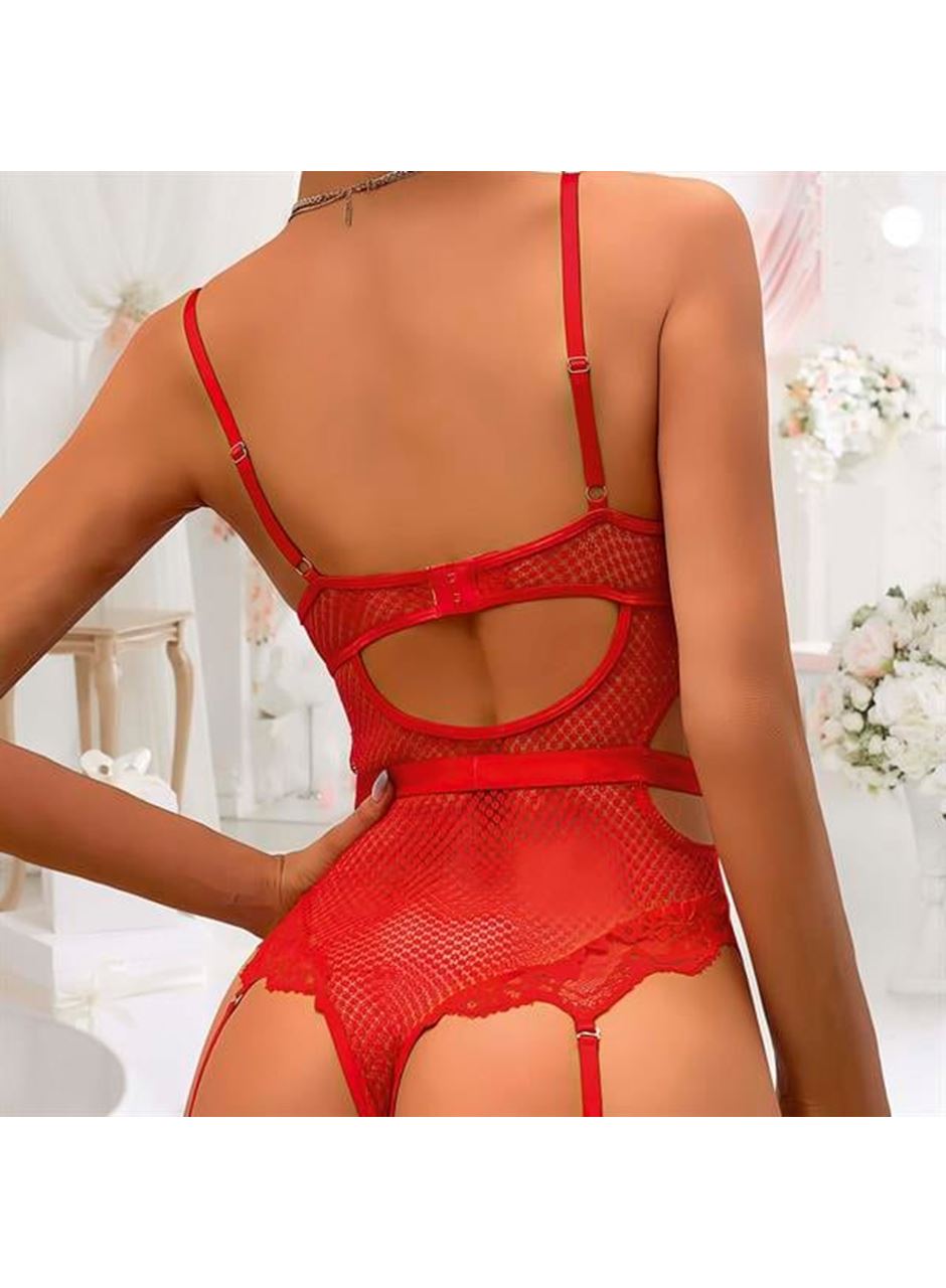 Kırmızı Dantel İşlemeli Zincir Detaylı Fantezi Jartiyer Takımı