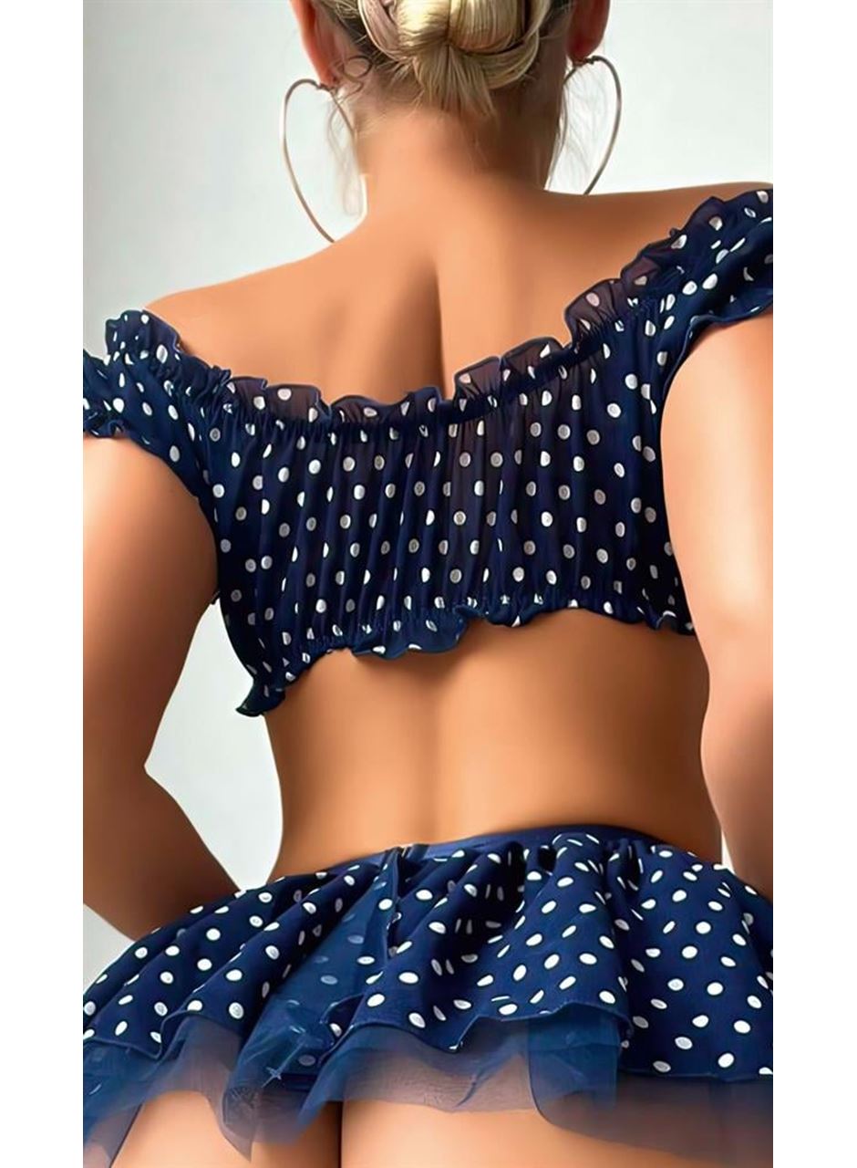 Lacivert Fırfır Etekli Puantiyeli Jartiyerli Fantezi Kostüm