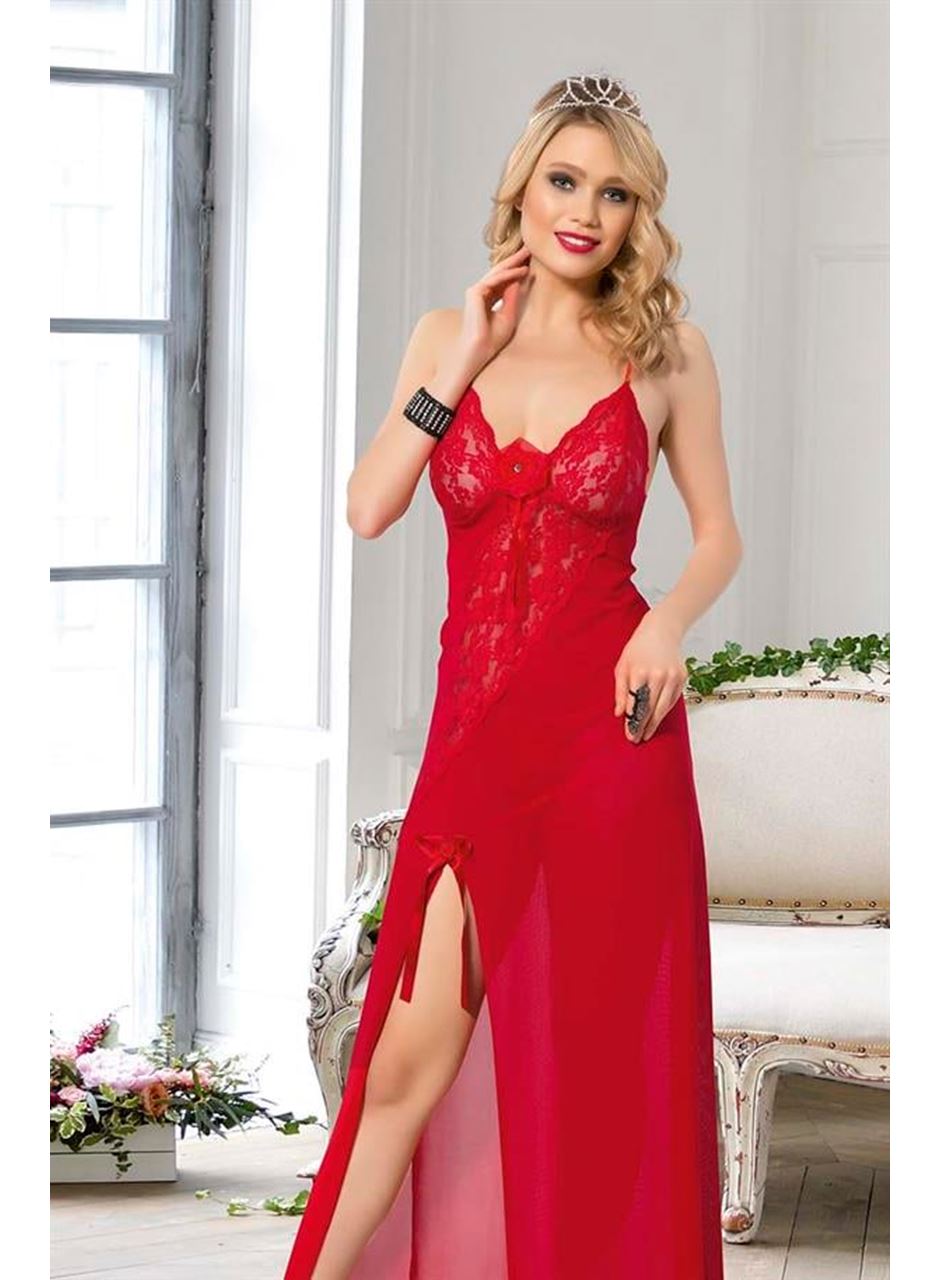 Kırmızı Dantel İşlemeli Yırtmaçlı Fantezi Uzun Gecelik