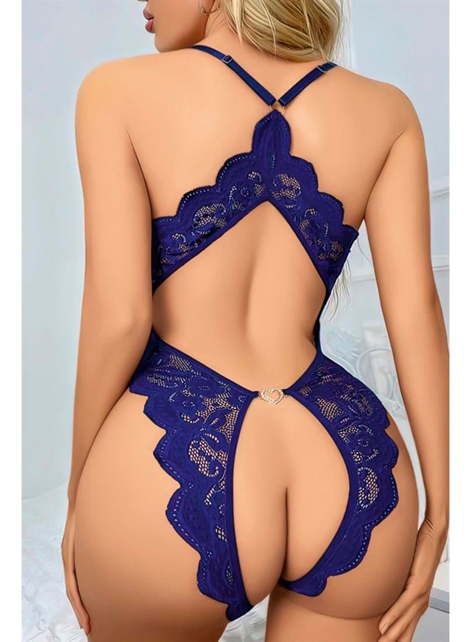 Mavi Özel Bölgesi Açık Dantel İşlemeli Fantezi Body