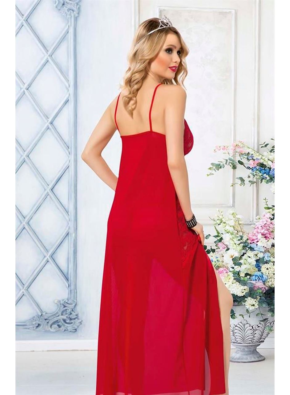 Kırmızı Dantel İşlemeli Yırtmaçlı Fantezi Uzun Gecelik