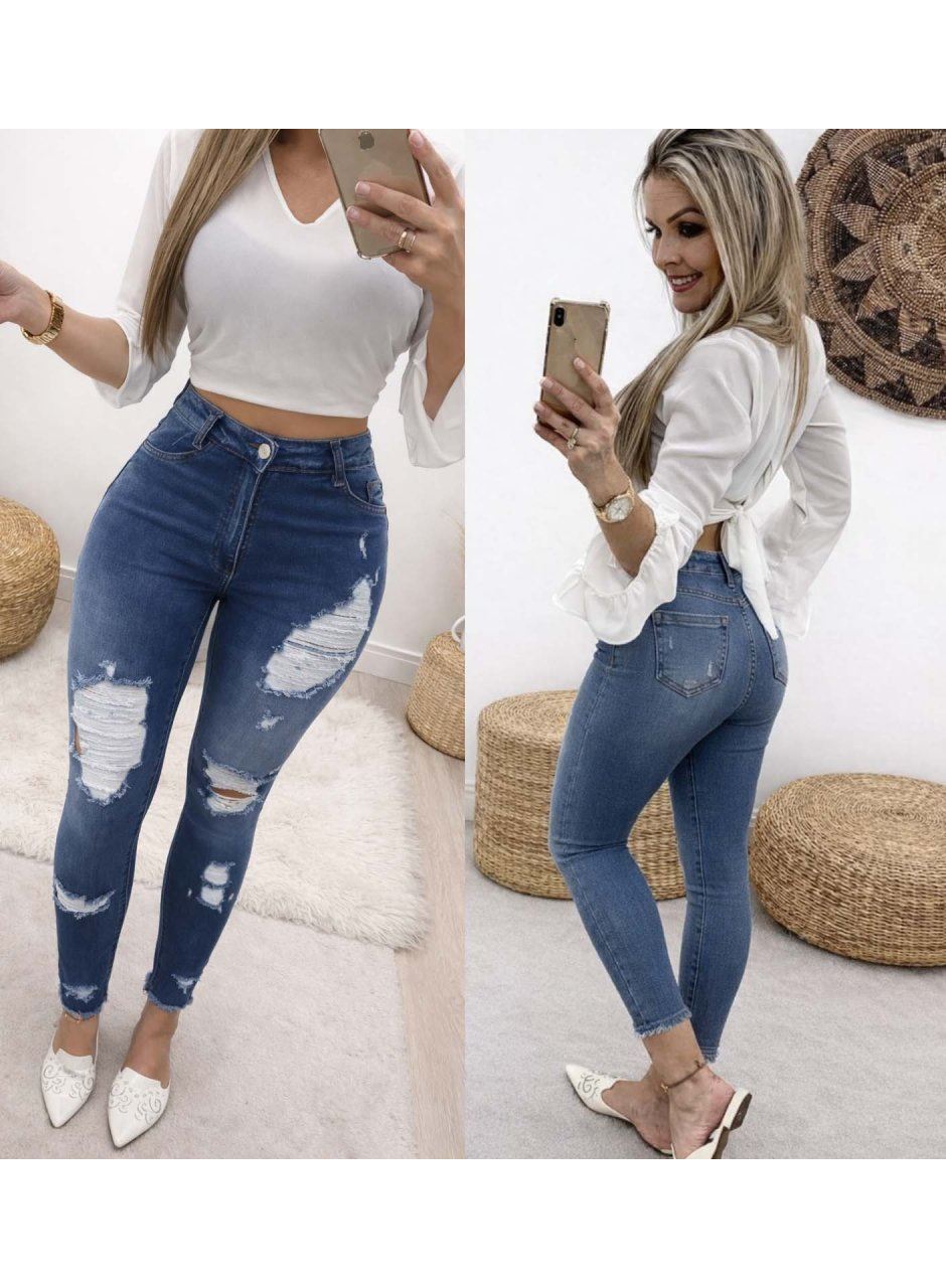 Kadın Yüksek Bel Düğmeli Yırtık Kot Pantolon