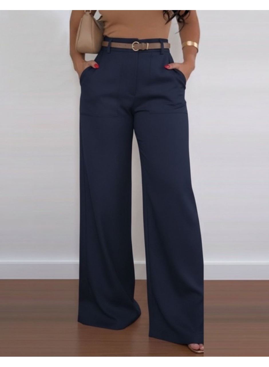 Kadın Yüksek Bel Geniş Paça Detaylı Cepli Ithal Krep Pantolon