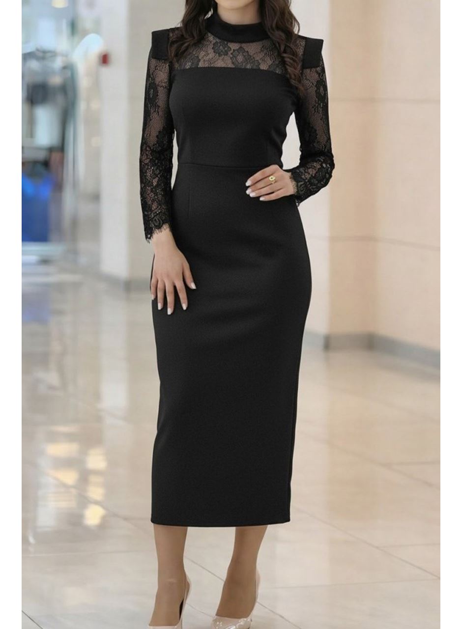 Kadın Uzun Kollu Balıkçı Yaka Dantel Detaylı Midi Ithal Krep Elbise