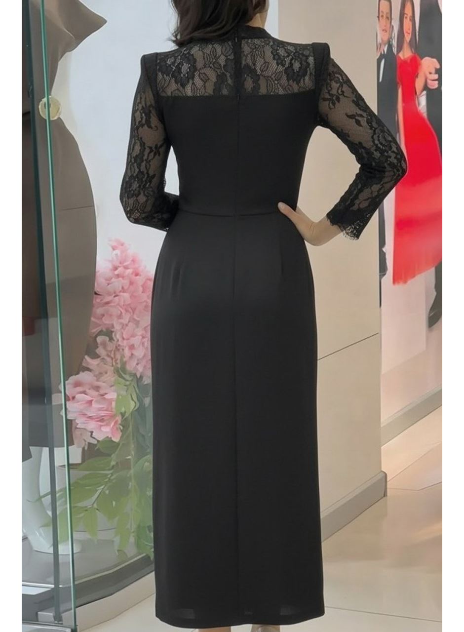 Kadın Uzun Kollu Balıkçı Yaka Dantel Detaylı Midi Ithal Krep Elbise