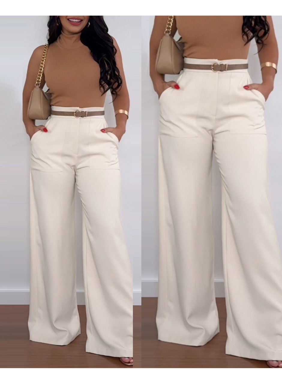Kadın Yüksek Bel Geniş Paça Detaylı Cepli Ithal Krep Pantolon