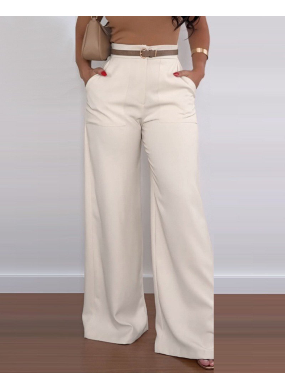 Kadın Yüksek Bel Geniş Paça Detaylı Cepli Ithal Krep Pantolon