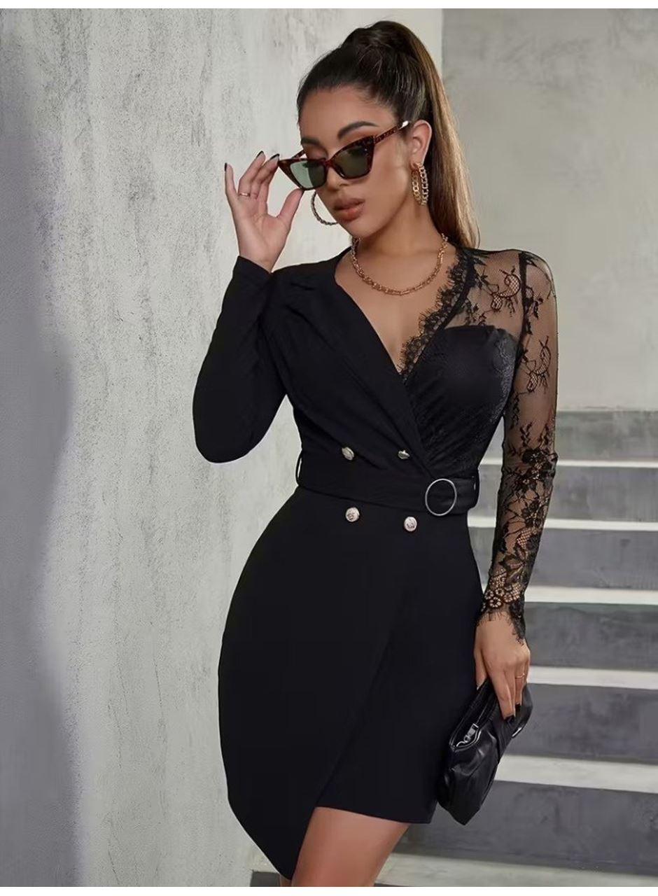 Kadın Uzun Kollu Kruvaze Yakalı önden Düğmeli Kısa Ithal Krep Elbise