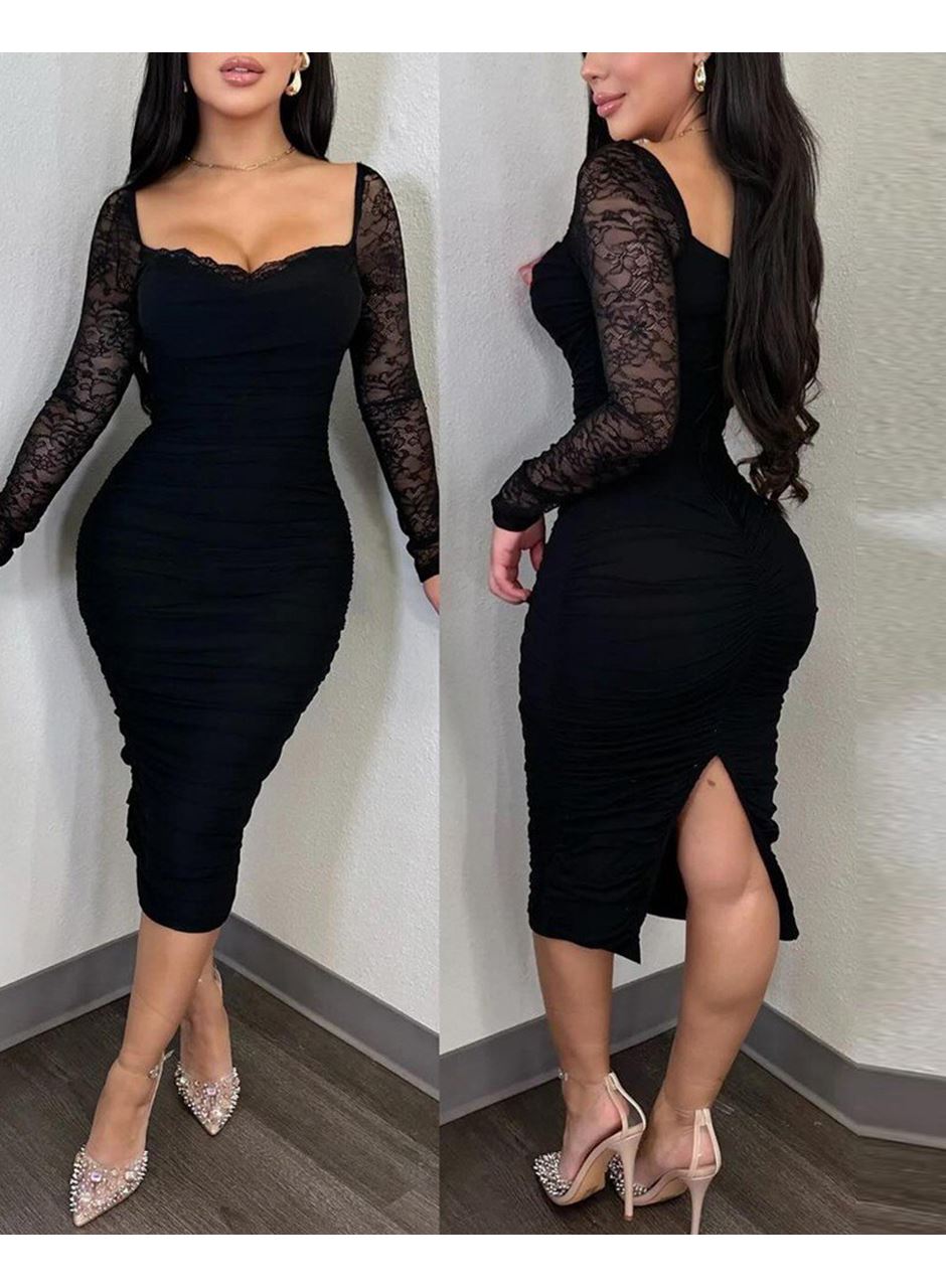 Kadın Uzun Kollu Dantelli Büzgü Detaylı Yırtmaçlı Midi Sandy Elbise