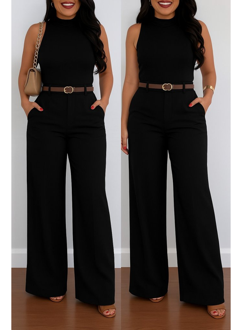 Kadın Yüksek Bel Geniş Paça Detaylı Cepli Ithal Krep Pantolon