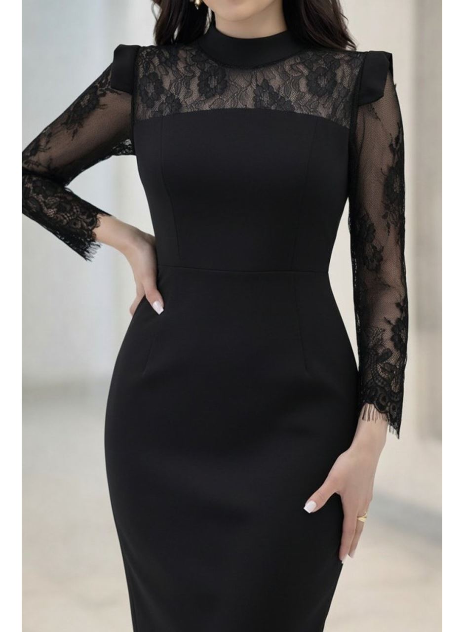 Kadın Uzun Kollu Balıkçı Yaka Dantel Detaylı Midi Ithal Krep Elbise