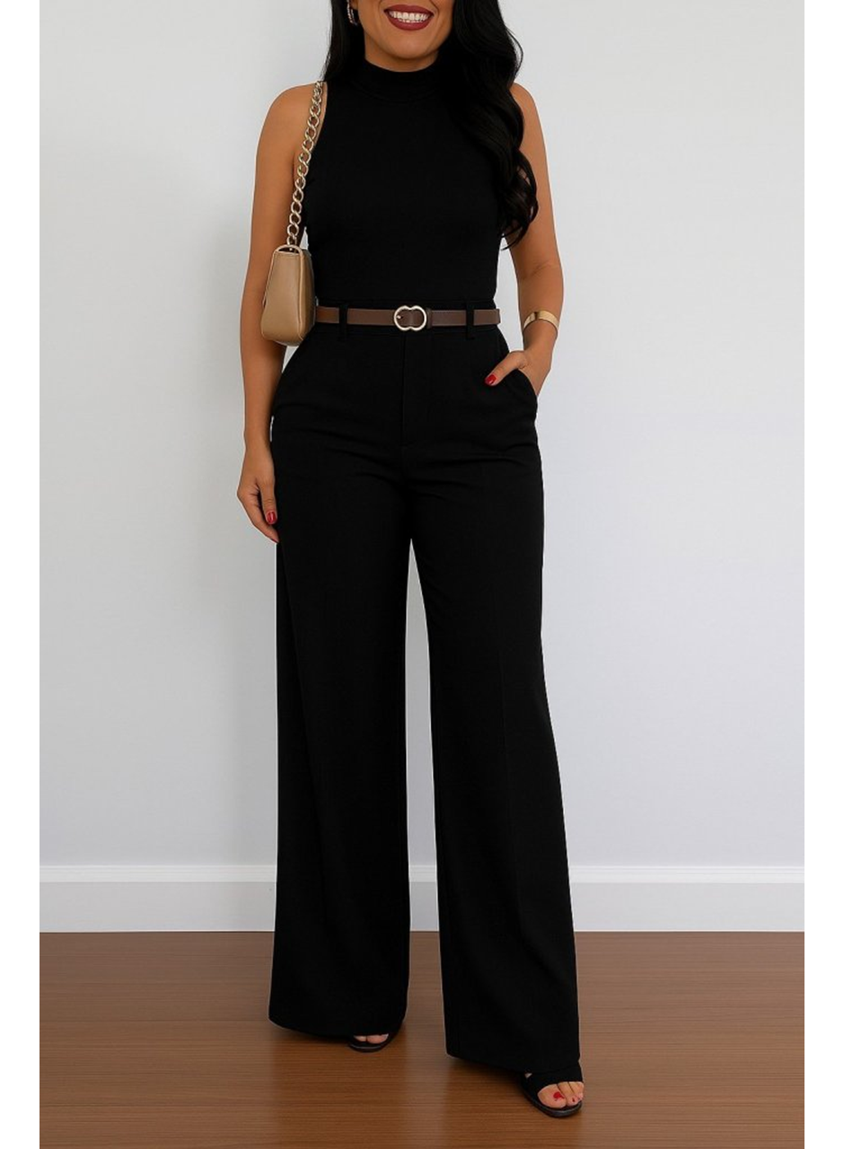 Kadın Yüksek Bel Geniş Paça Detaylı Cepli Ithal Krep Pantolon