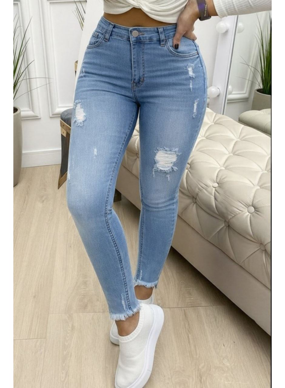 Kadın Yüksek Bel Yırtık Desenli Skınny Kot Pantolon