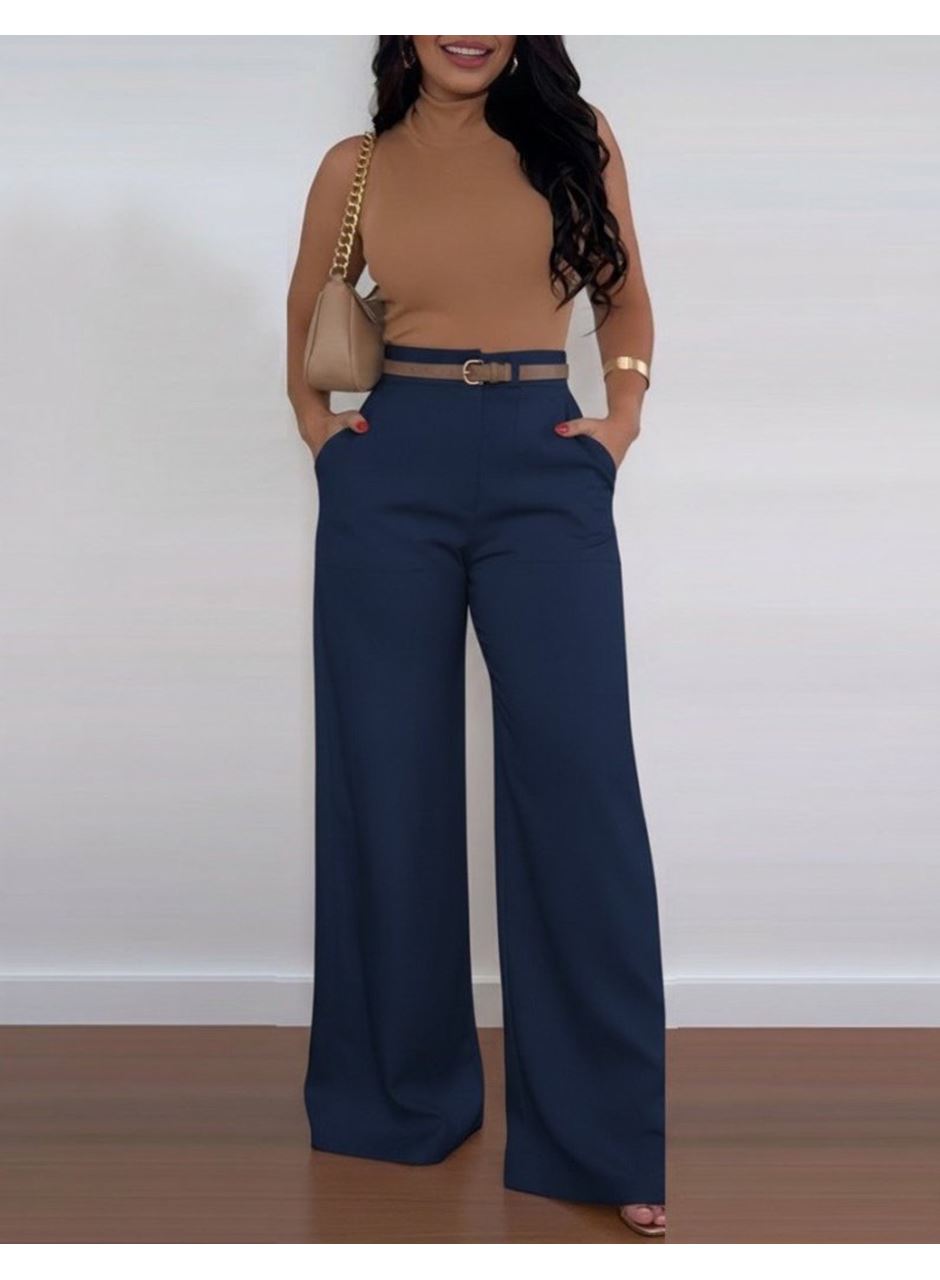 Kadın Yüksek Bel Geniş Paça Detaylı Cepli Ithal Krep Pantolon