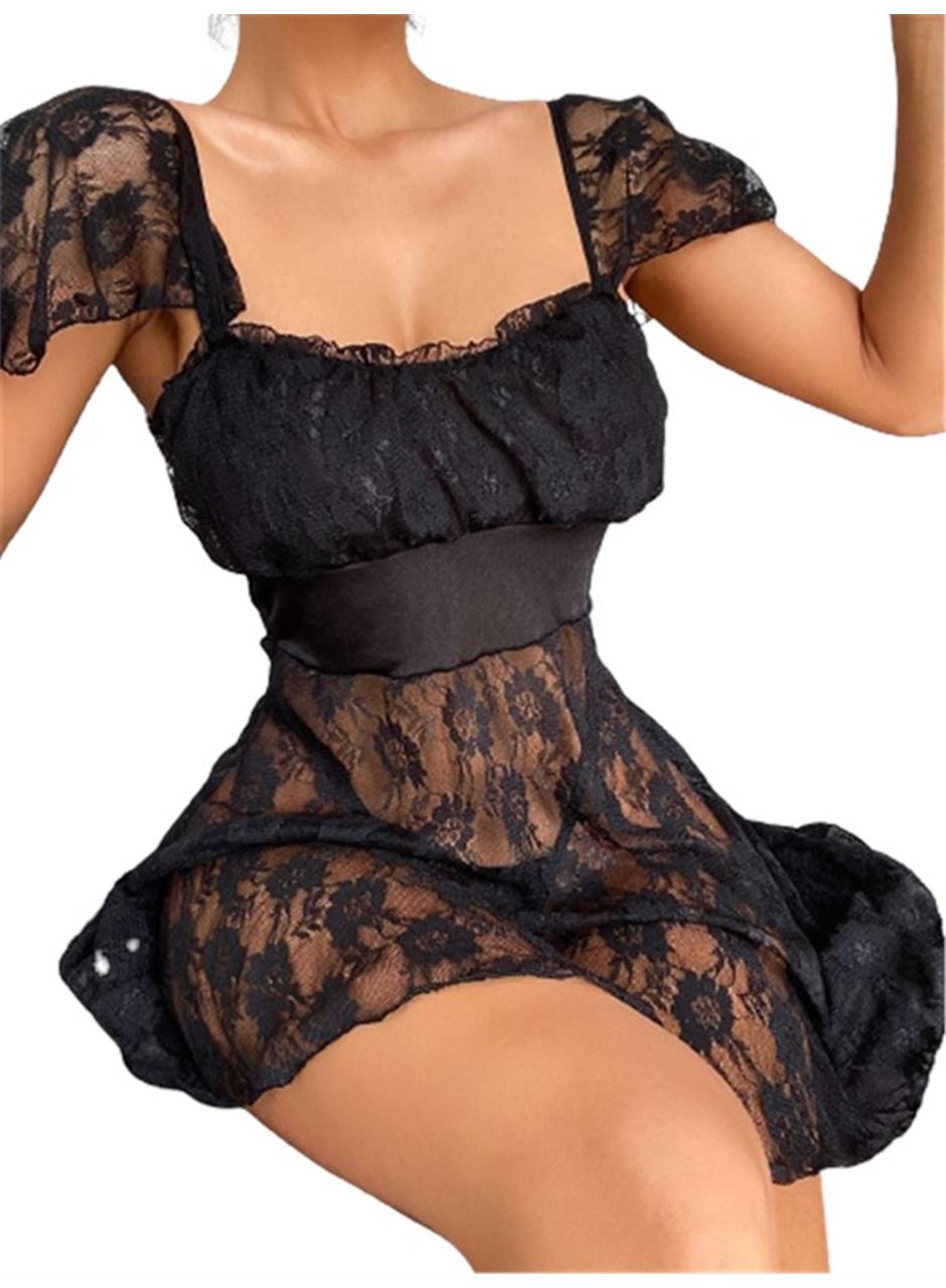 Alt Kısmı Tül Üst Kısmı Jarse Mini Fantazi Siyah Gecelik