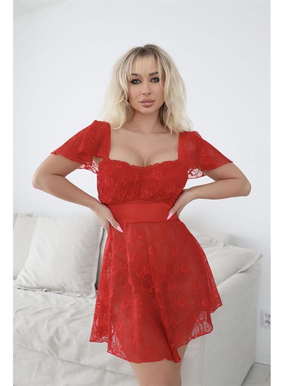 Alt Kısmı Tül Üst Kısmı Jarse Mini Fantazi Kırmızı Gecelik