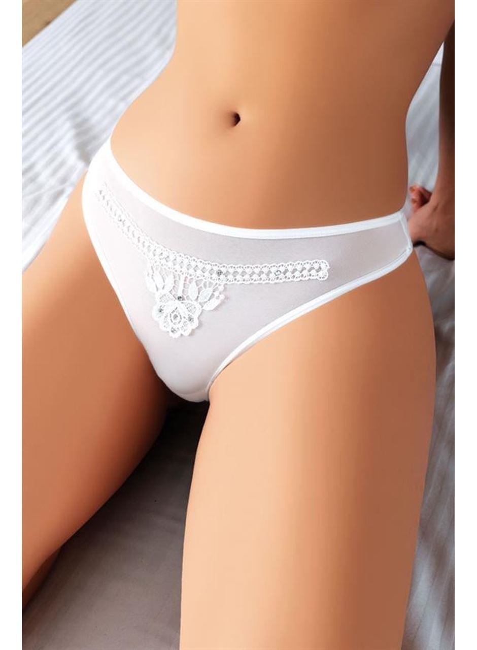 Beyaz Nakış Desenli Taşlı Fantezi Tanga String