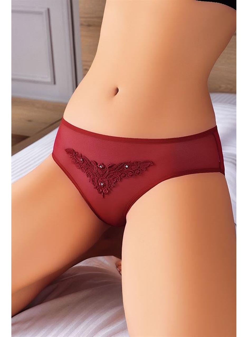 Güpürlü Taşlı Bordo Tül Fantezi Külot