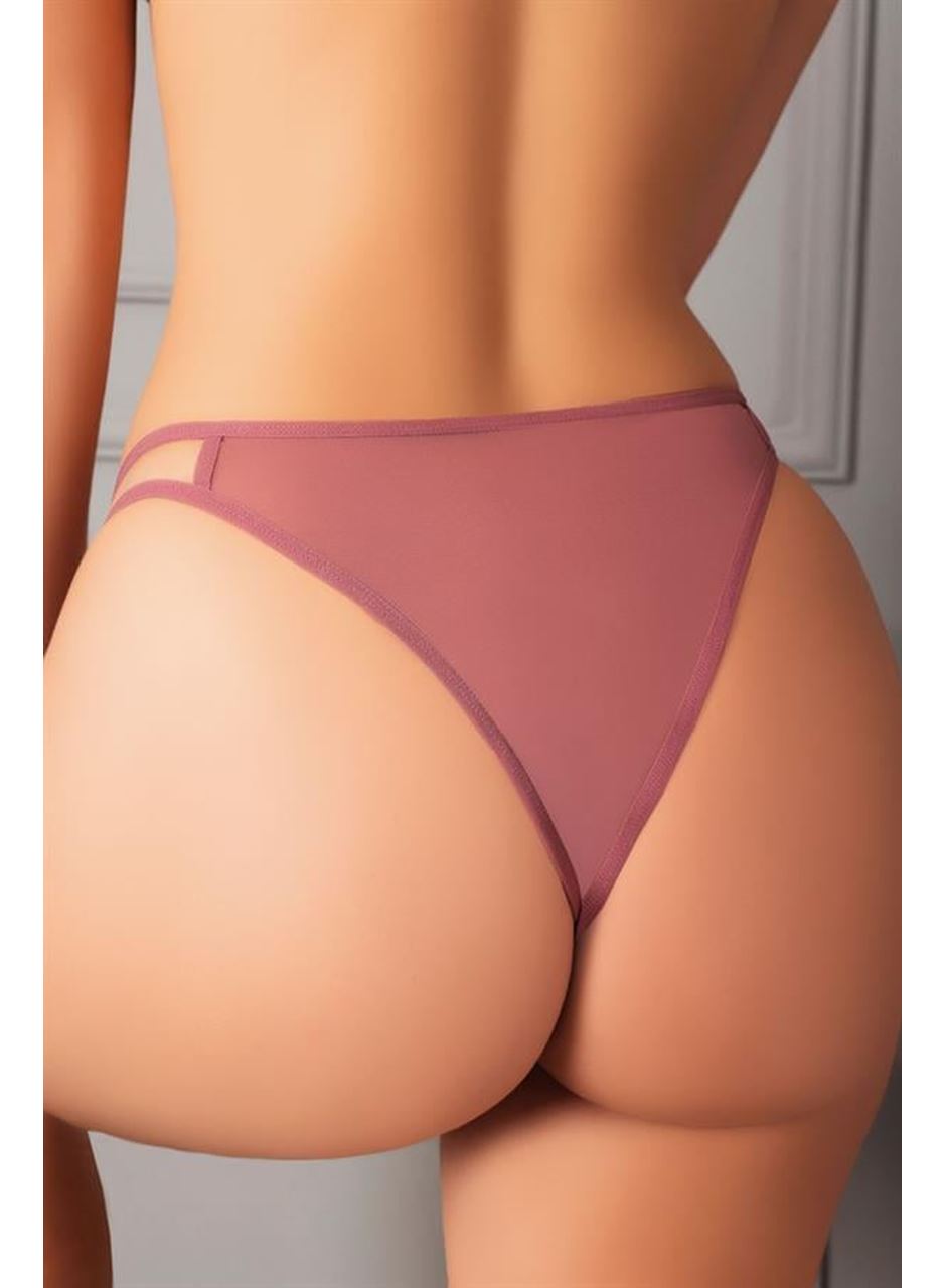 Özel Bölgesi Açık Kelebek İşlemeli Fantezi Desenli Taşlı Vizon Tanga String