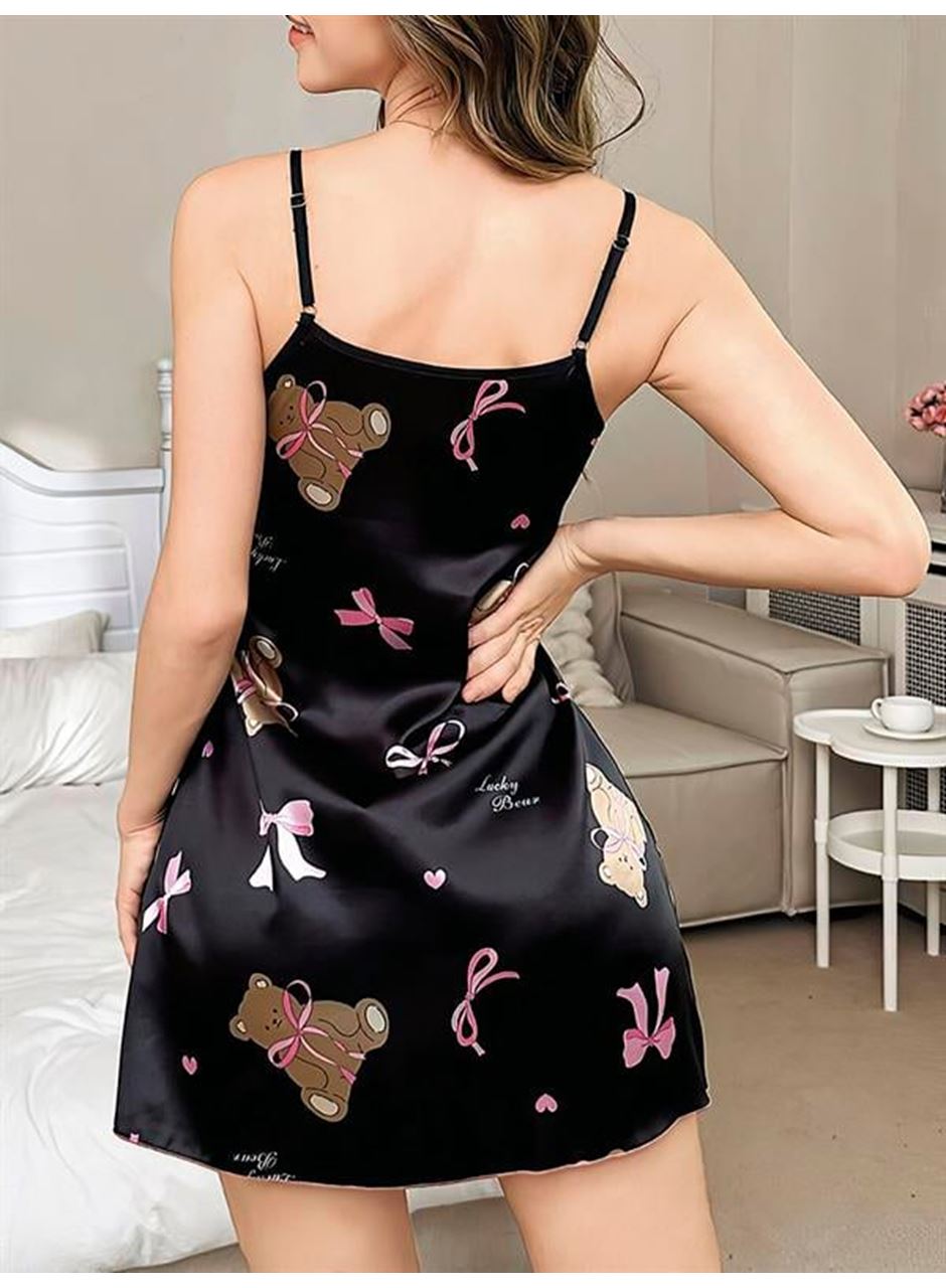 Siyah İnce Askılı Ayıcık Desenli Saten Mini Gecelik