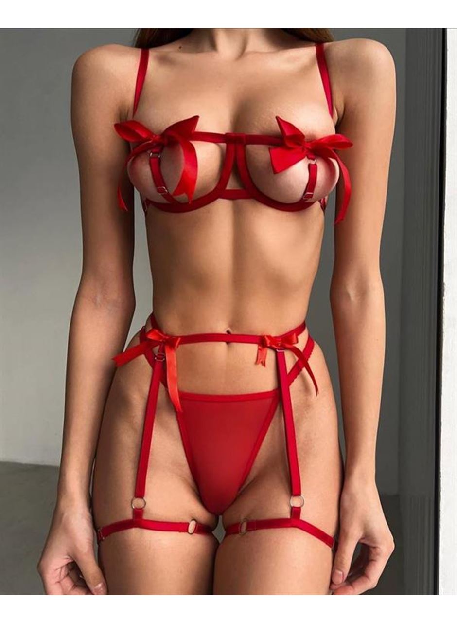 Özel Tasarım Kırmızı Kurdela Detaylı Jartiyerli Fantezi Sütyen String Takımı