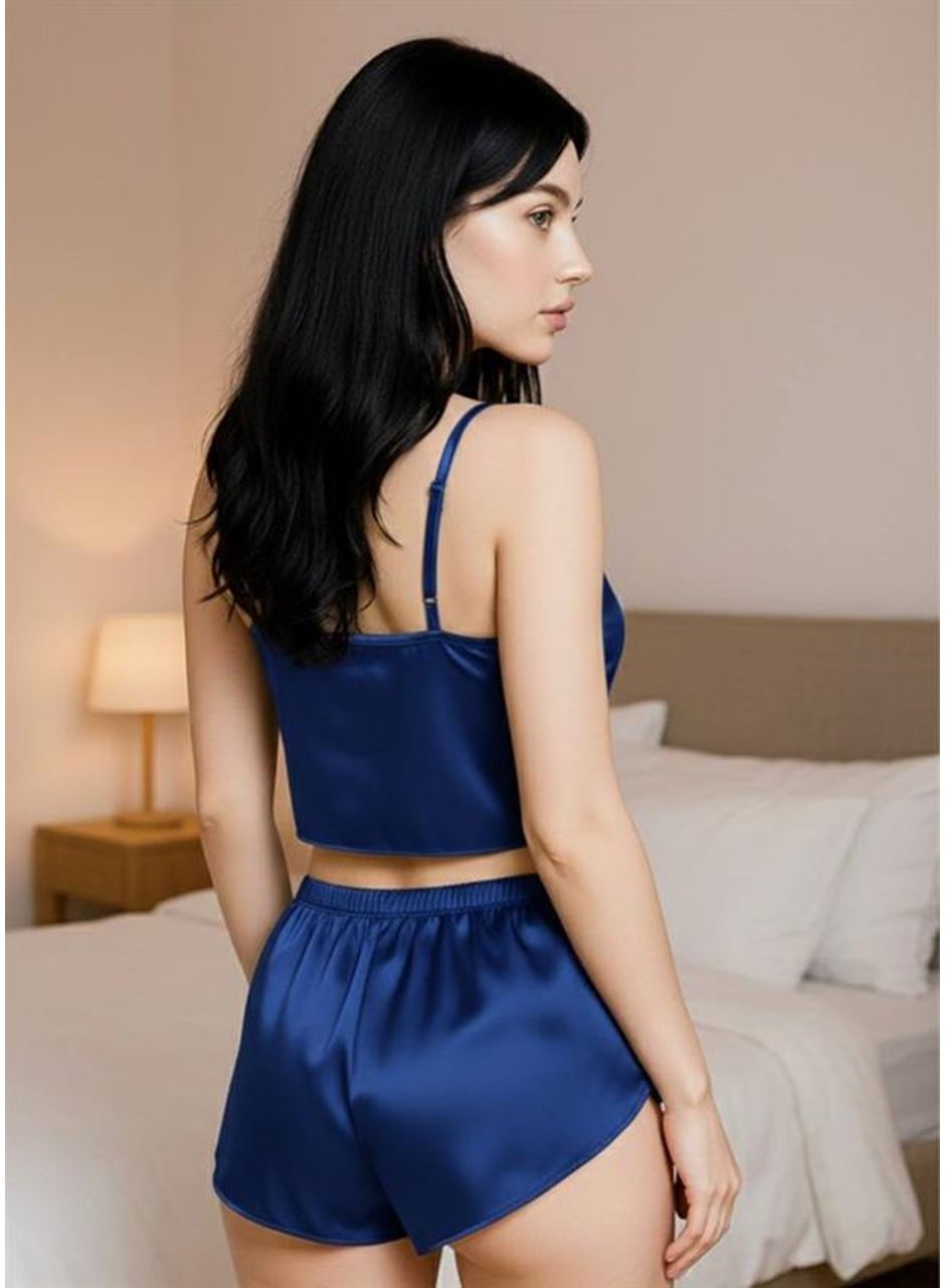İnce Askılı Mavi Saten Şortlu Takım