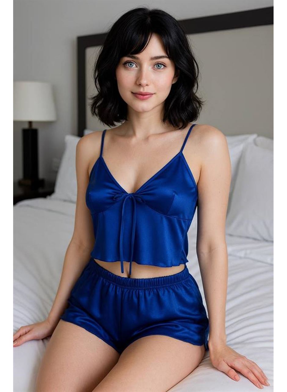 İnce Askılı Mavi Saten Şortlu Takım