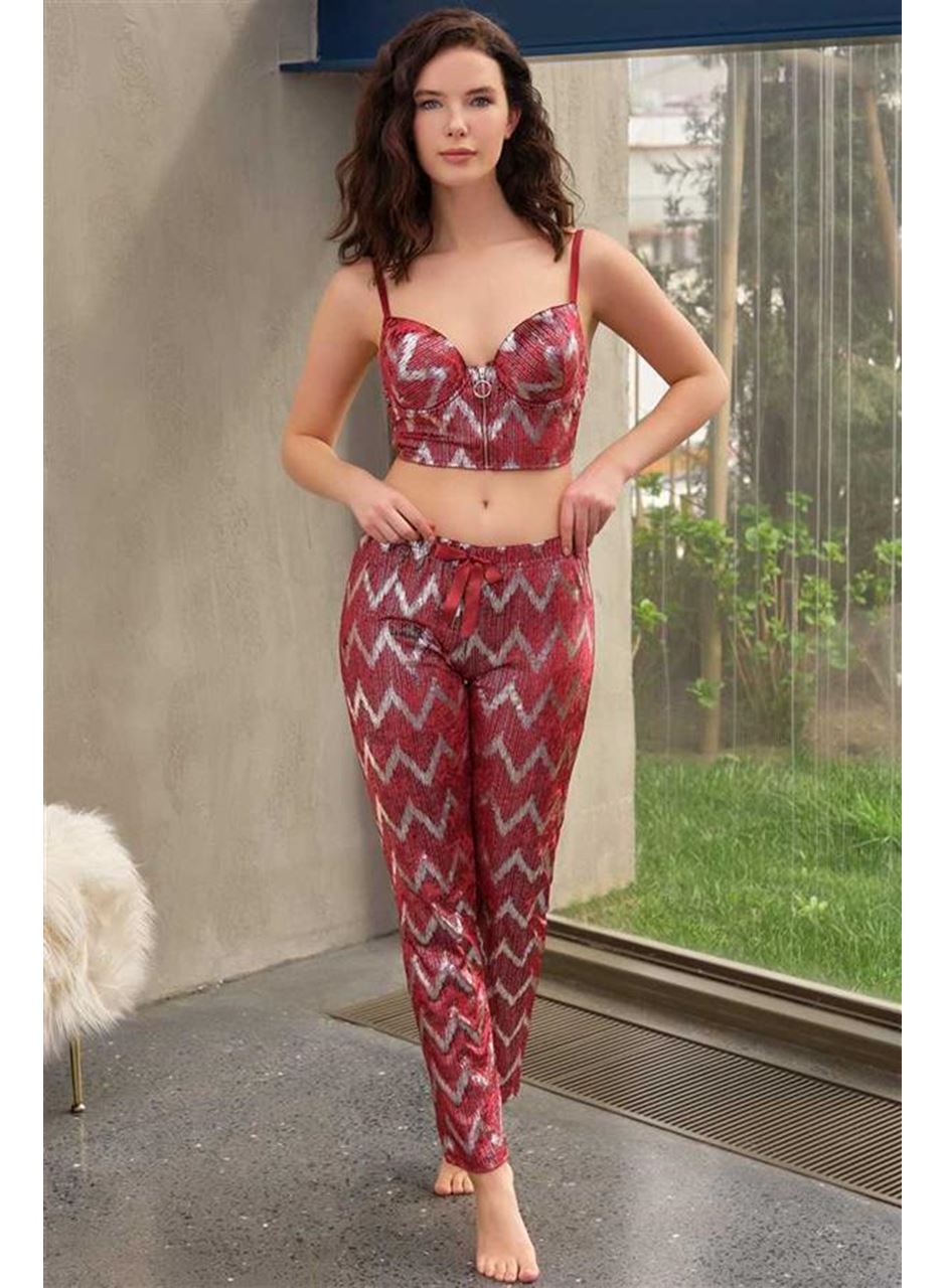 Kadın Kadife Balenli Destekli Dolgulu Parlak Baskılı Fermuar Detaylı Büstiyer ve Pantolon Pijama Takım (4178)