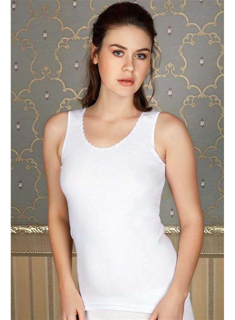 Kadın Pamuklu Ribana Yakası Çiçek İşlemeli Geniş Askılı Atlet (8552)