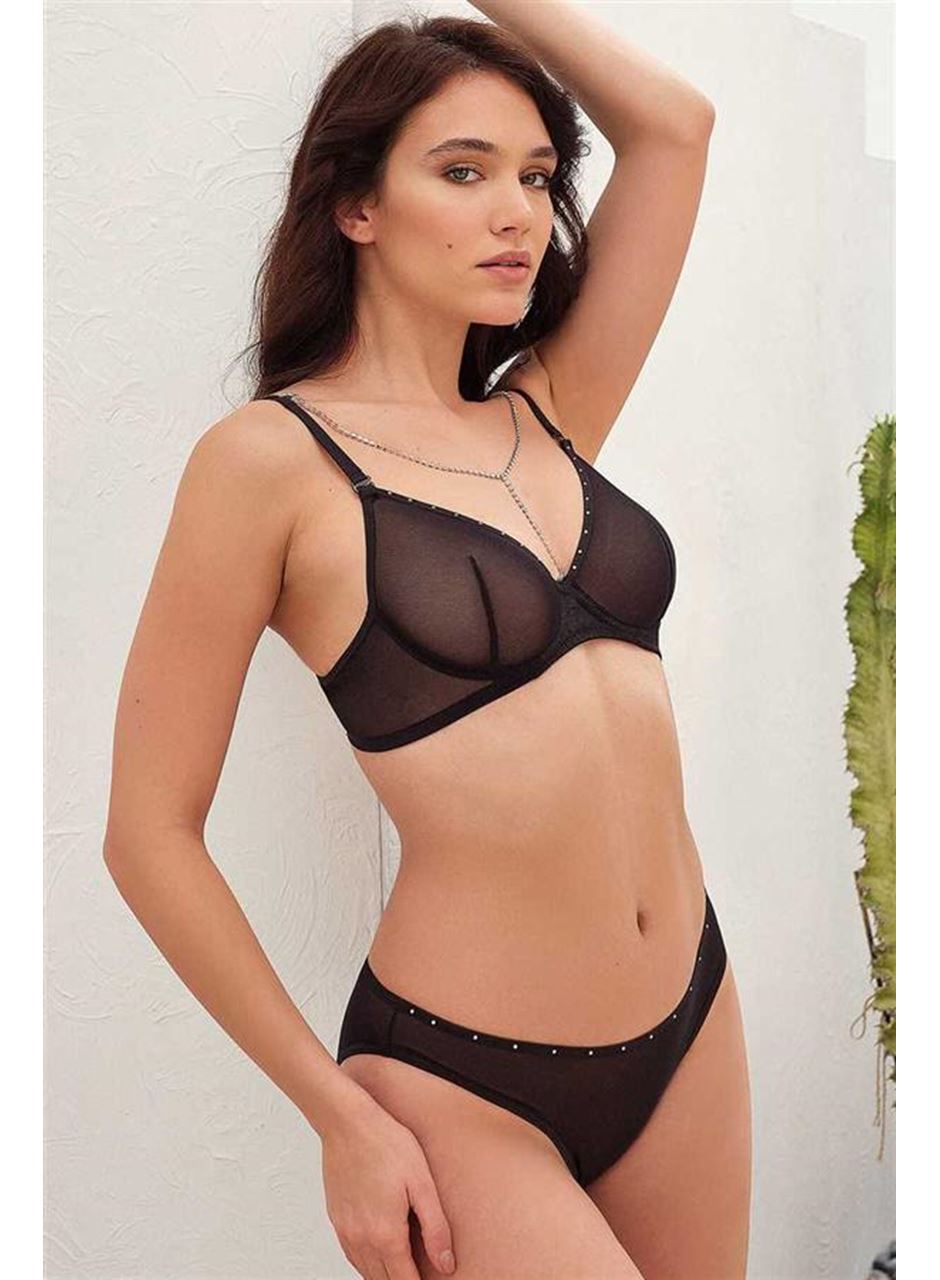 Kadın Balenli Desteksiz Dolgusuz Askıları Çıkabilen Yaka Detaylı Taşlı Sütyen ve Slip Takım (4823)