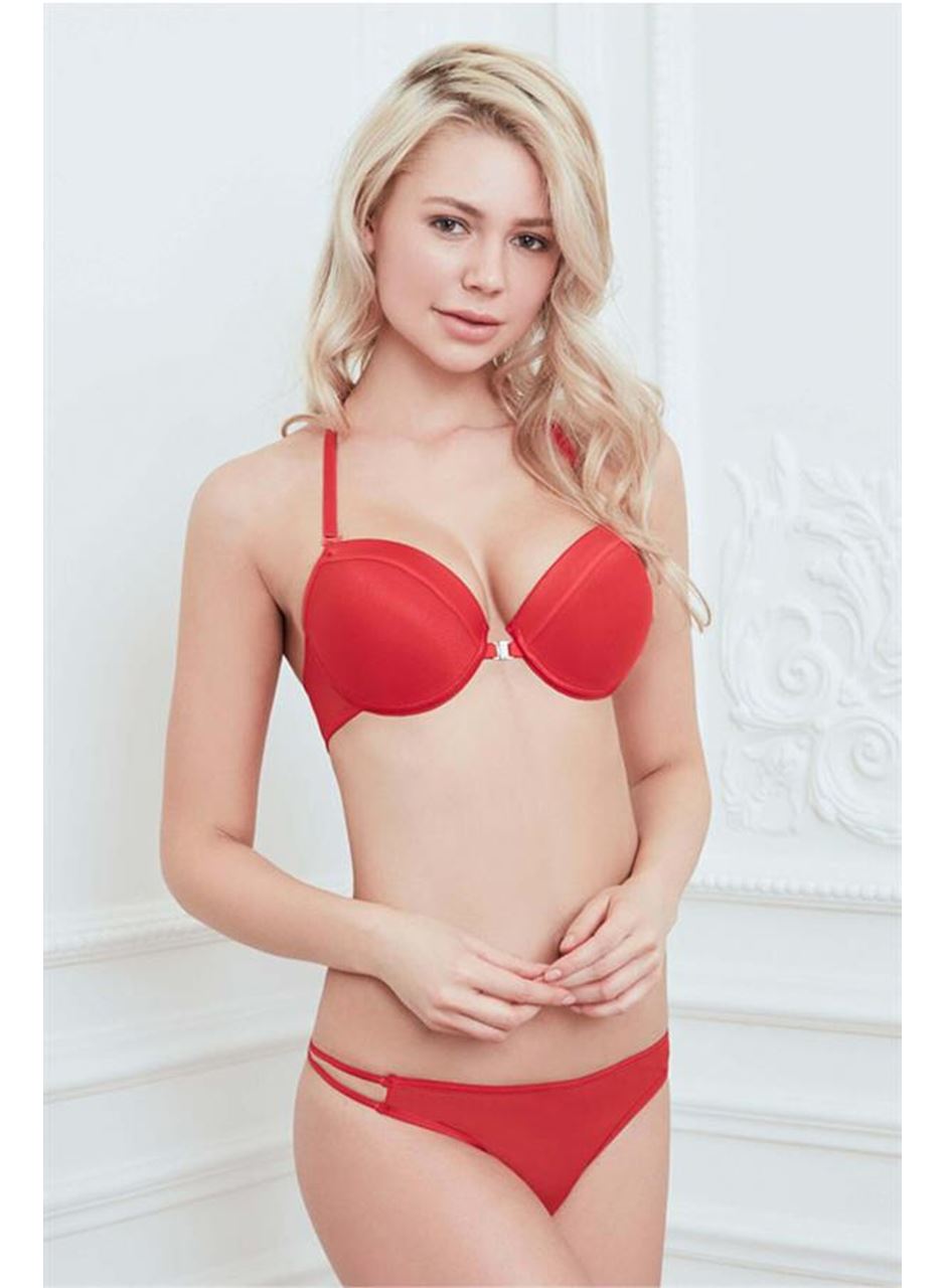 Balenli Destekli Dolgulu Askıları Çıkabilen Önden Açılan Sırt Dekolteli Sütyen ve String Takım