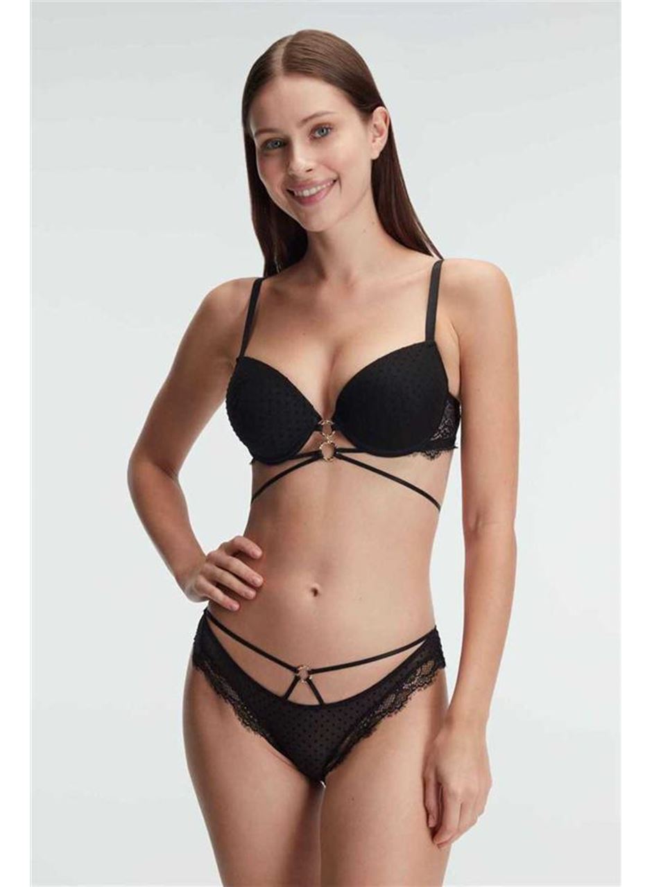 Kadın Balenli Destekli Dolgulu Göbek Detaylı Puantiyeli Dantelli Sütyen ve Slip Takım (4828)