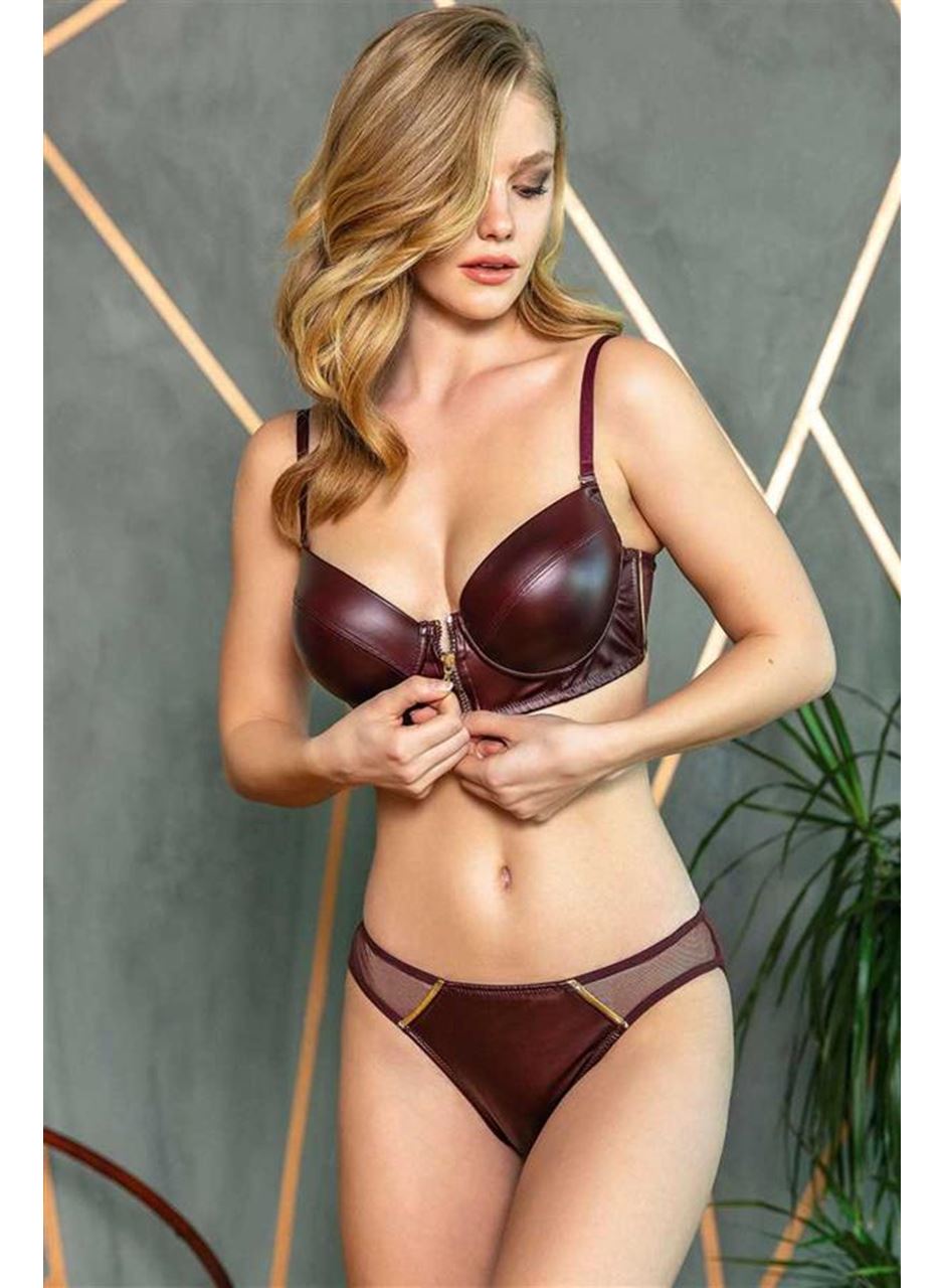 Kadın Deri Görünümlü Balenli Destekli Dolgulu Askıları Çıkabilen Ortası Fermuarlı Büstiyer Sütyen ve Slip Takım (4734)