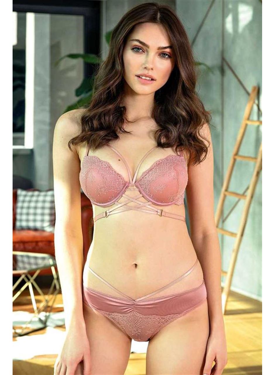 Kadın Balenli Destekli Dolgulu Yaka Detaylı Dantelli Sütyen ve Slip Takım (4807)
