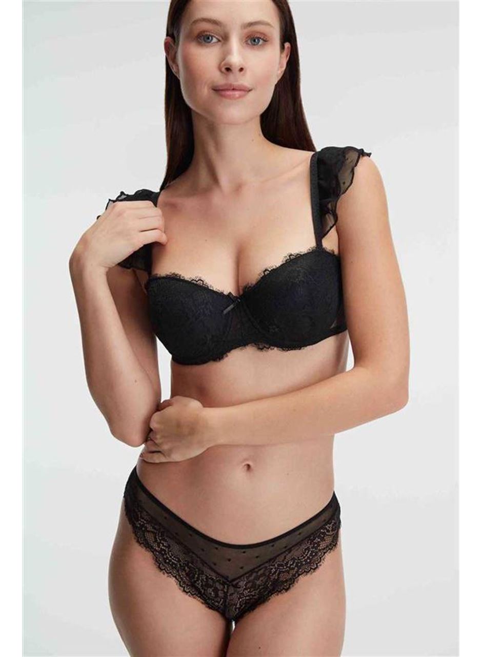 Kadın Balenli Destekli Dolgulu Askı Detaylı Puantiyeli Dantelli Sütyen ve Slip Takım (4829)