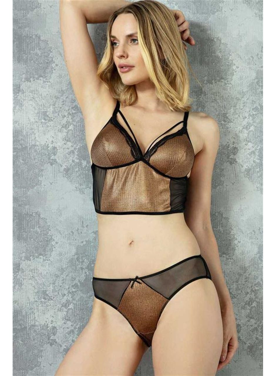 Kadın Balensiz Desteksiz Dolgusuz Yaka Detaylı Parlak Baskılı Bralet Sütyen ve Slip Takım (4185)