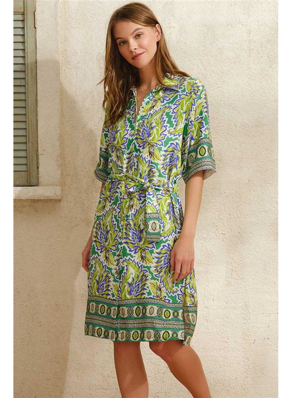 Kısa Yarım Kol V Yaka Kadın Viskon Çiçek Desenli Yazlık Uzun Elbise Anıl 5758