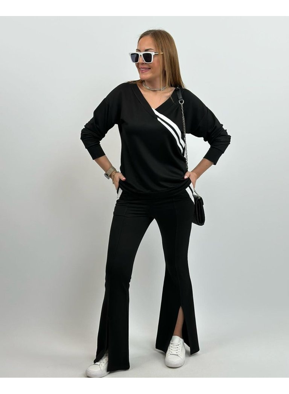 Kadın Uzun Kollu V Yakalı şerit Detaylı Viskon Iki Iplik Bluz Ve Pantolon Ikili Takım