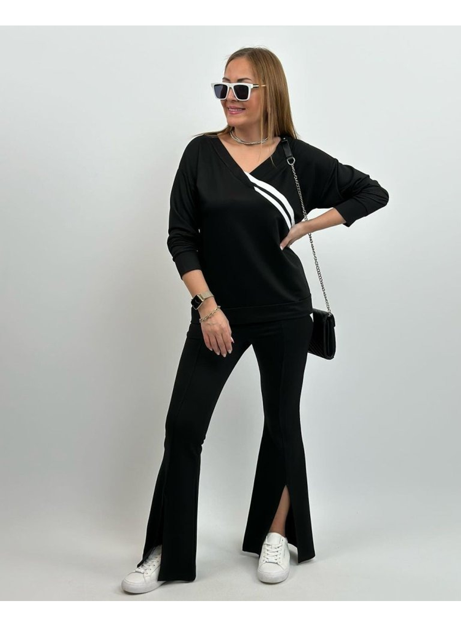 Kadın Uzun Kollu V Yakalı şerit Detaylı Viskon Iki Iplik Bluz Ve Pantolon Ikili Takım