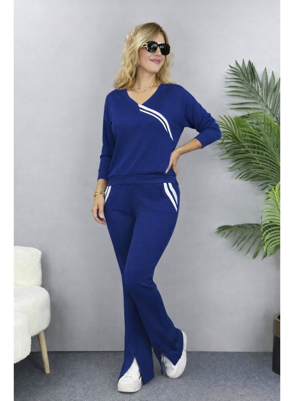Kadın Uzun Kollu V Yakalı şerit Detaylı Viskon Iki Iplik Bluz Ve Pantolon Ikili Takım