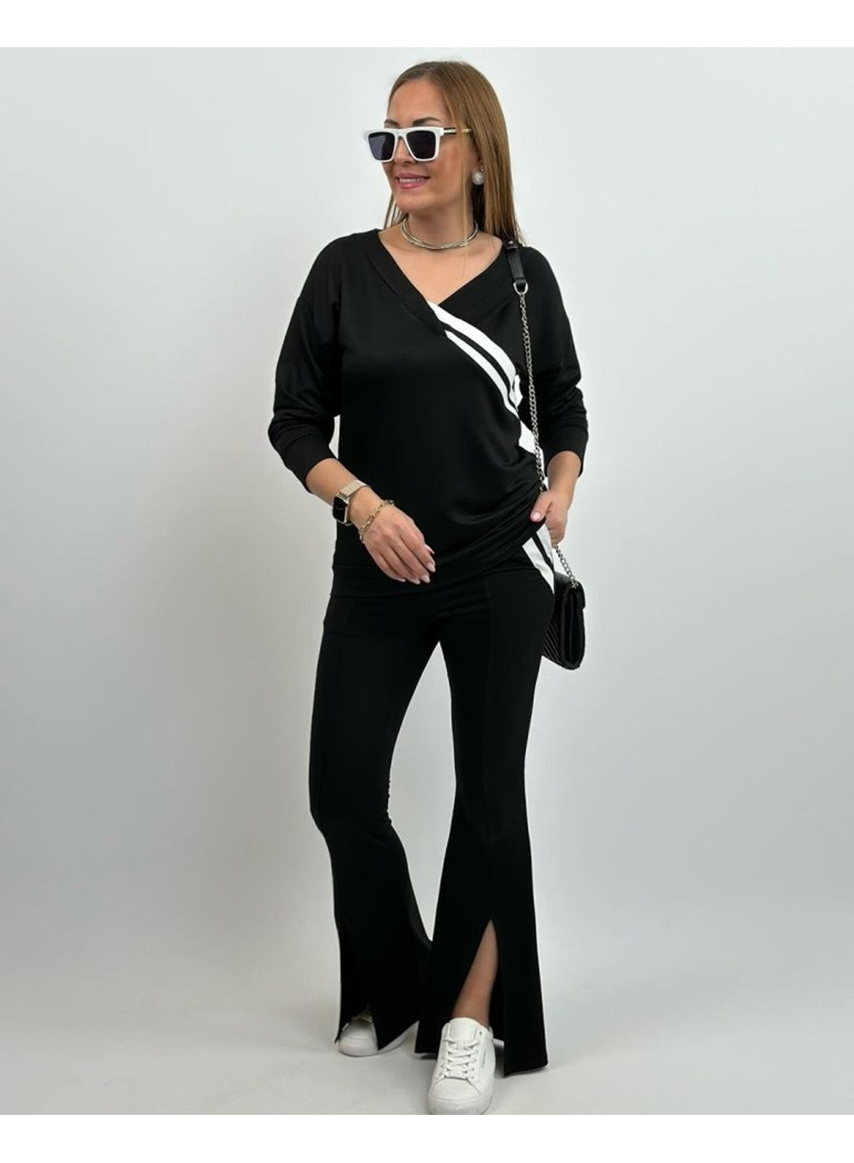 Kadın Uzun Kollu V Yakalı şerit Detaylı Viskon Iki Iplik Bluz Ve Pantolon Ikili Takım