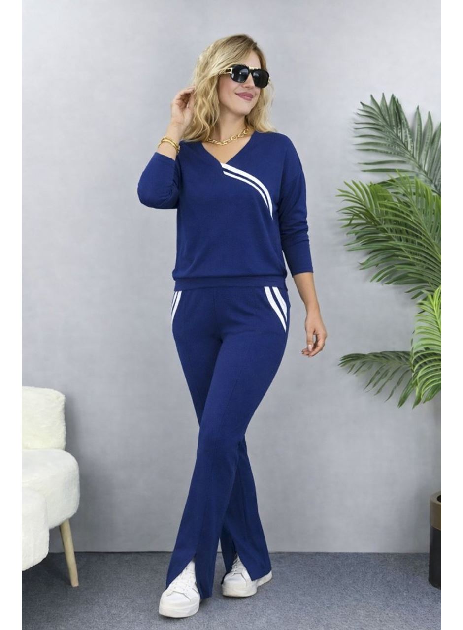 Kadın Uzun Kollu V Yakalı şerit Detaylı Viskon Iki Iplik Bluz Ve Pantolon Ikili Takım