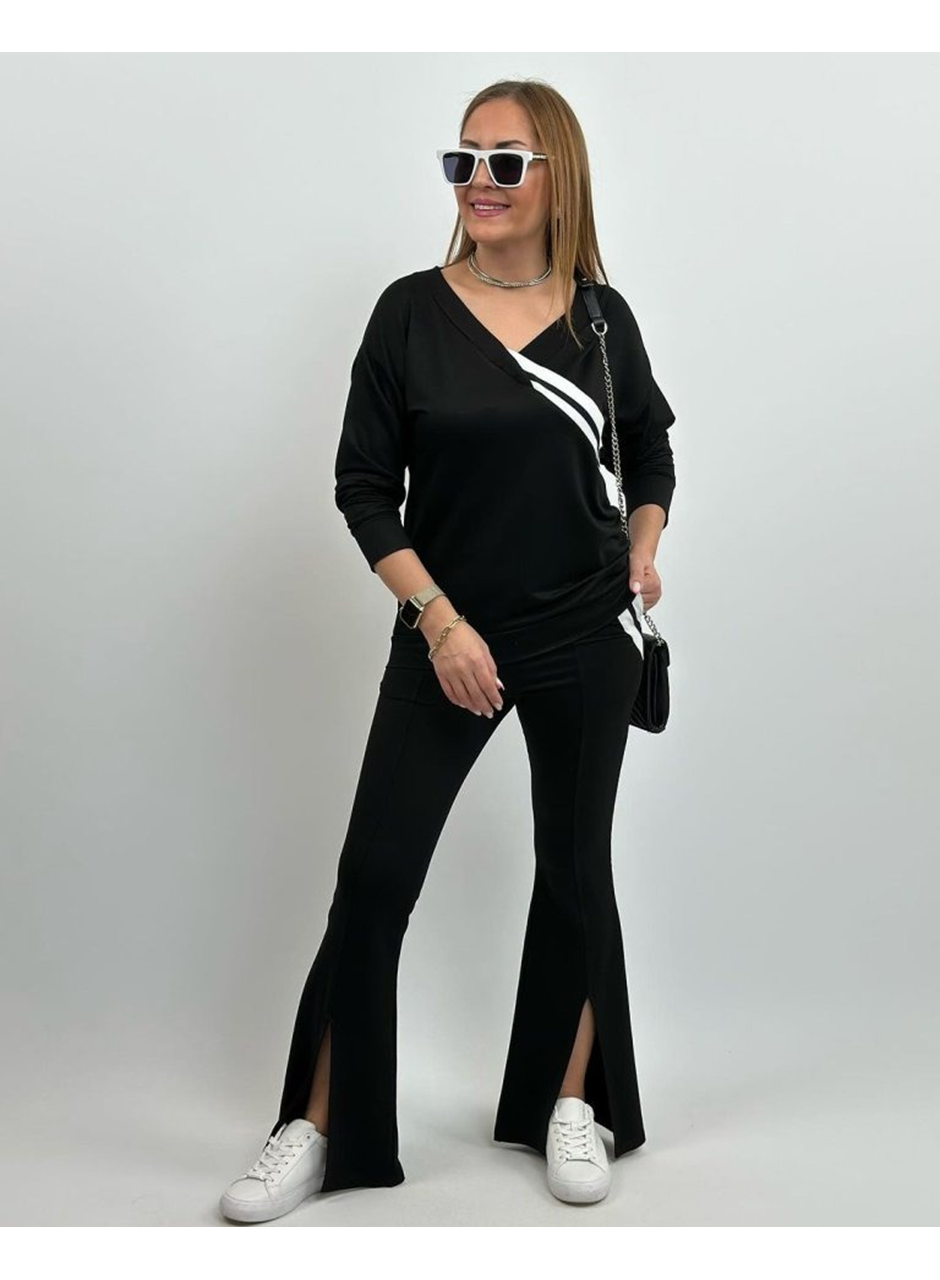 Kadın Uzun Kollu V Yakalı şerit Detaylı Viskon Iki Iplik Bluz Ve Pantolon Ikili Takım