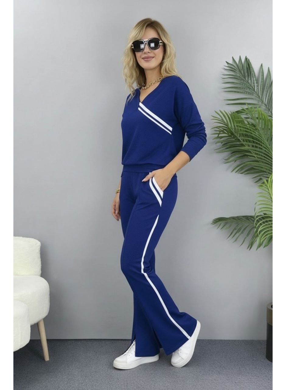 Kadın Uzun Kollu V Yakalı şerit Detaylı Viskon Iki Iplik Bluz Ve Pantolon Ikili Takım