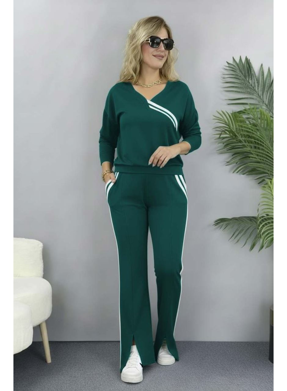 Kadın Uzun Kollu V Yakalı şerit Detaylı Viskon Iki Iplik Bluz Ve Pantolon Ikili Takım