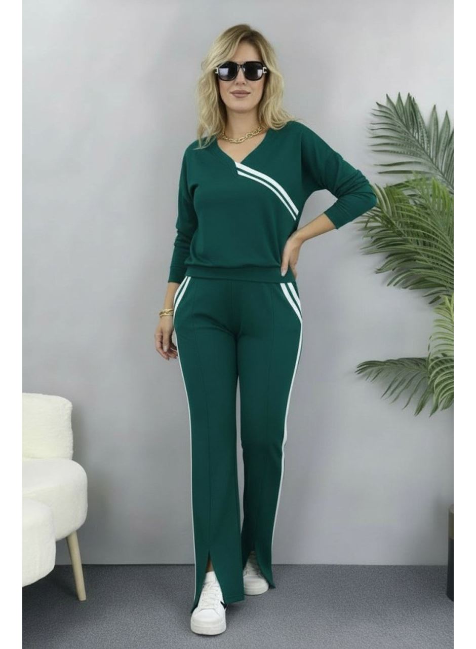 Kadın Uzun Kollu V Yakalı şerit Detaylı Viskon Iki Iplik Bluz Ve Pantolon Ikili Takım