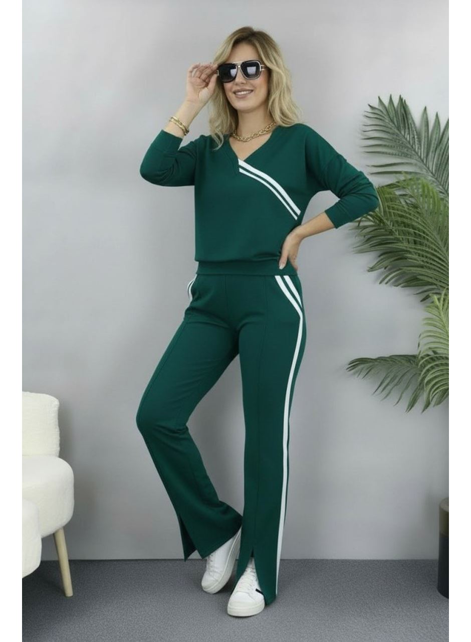 Kadın Uzun Kollu V Yakalı şerit Detaylı Viskon Iki Iplik Bluz Ve Pantolon Ikili Takım