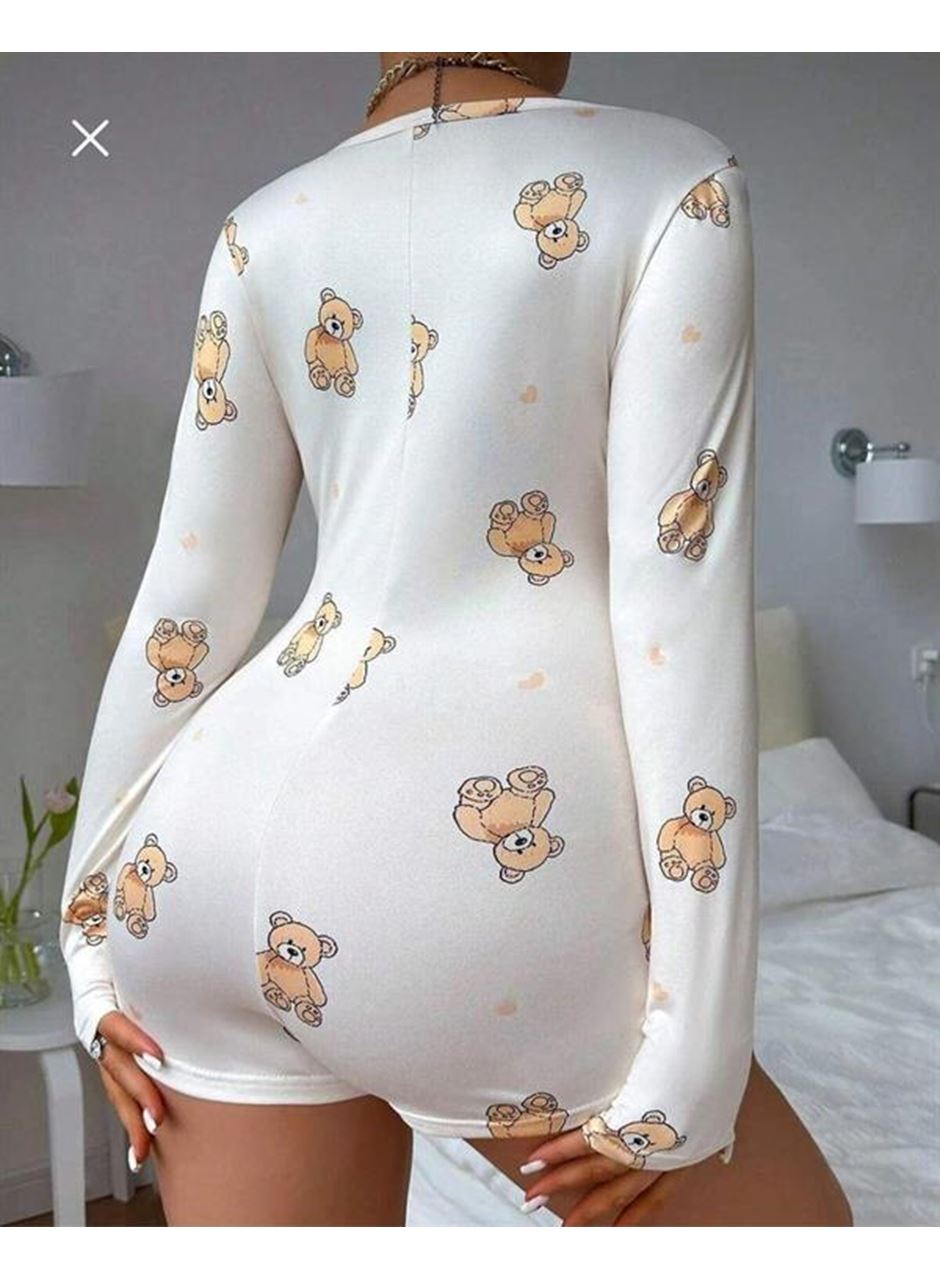 Pamuklu Beyaz Ayıcık Desenli Düğmeli Uzun Kol Tulum Pijama